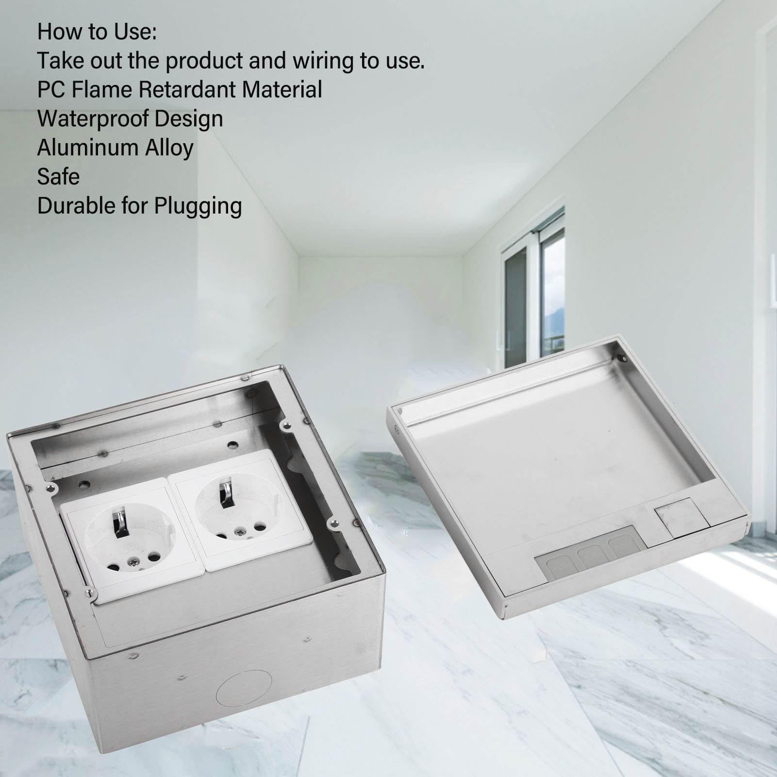 Fafeicy Scatola di Derivazione da Pavimento, 16A 4000W 2 Prese Presa da Pavimento da Incasso a Prova di Acqua per PC in Acciaio Inossidabile Ignifugo, con Guarnizione Impermeabile Ad