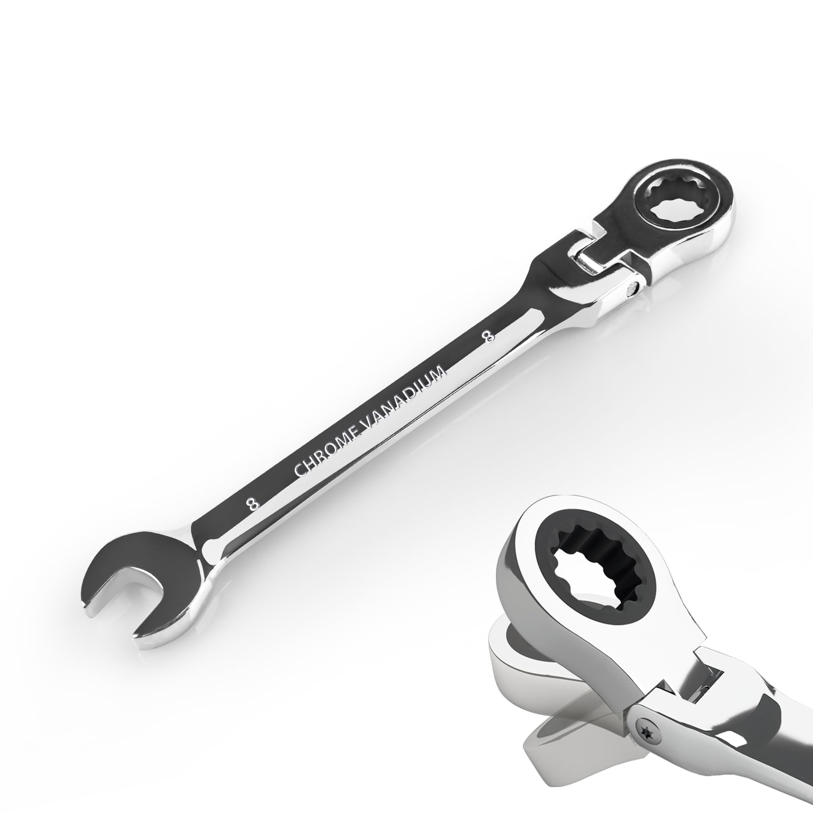 Egofine 8mm Ratchet Wrench Flex Head, Ratcheting Combination Wrench Metric, Industrial Grade Gear Spanner with 12 Point Box End, 72-Teeth Ratchet,