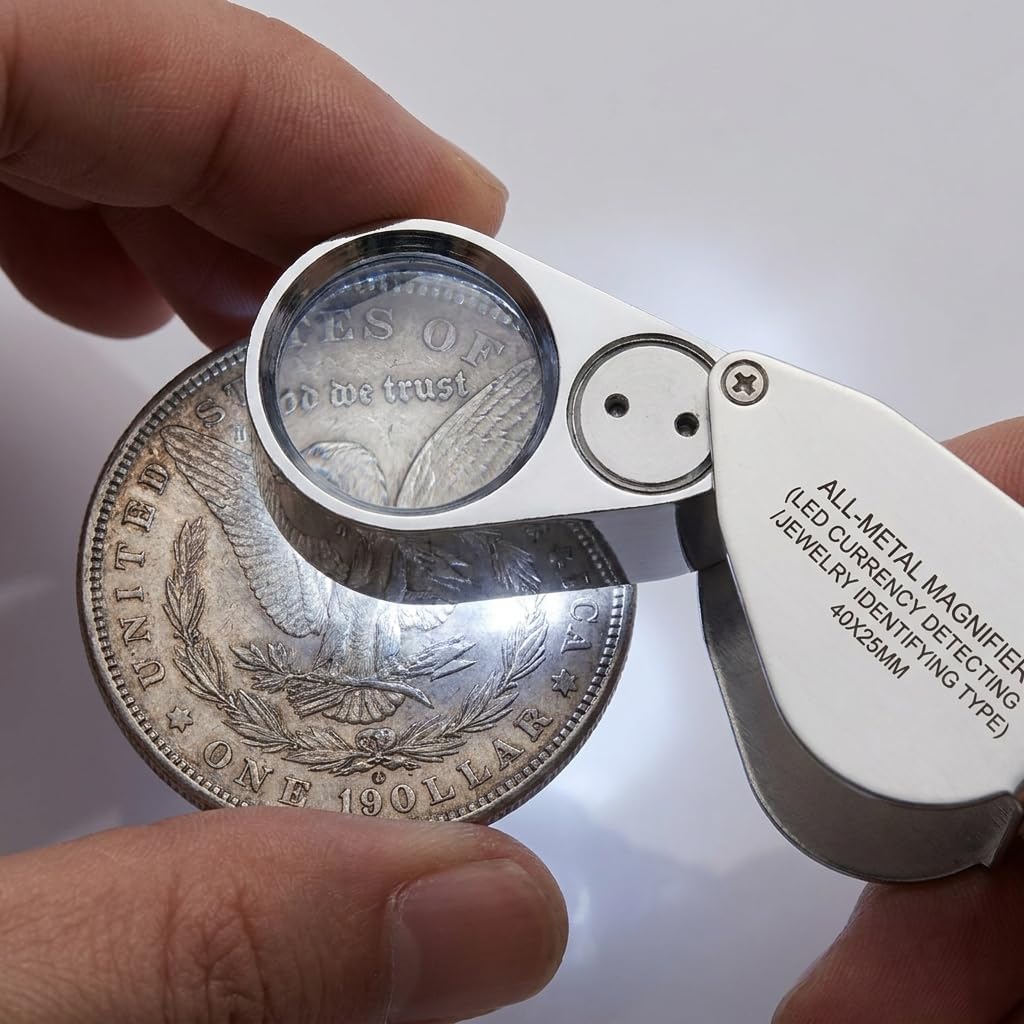 2 Pack 40X Metal Illuminated Jewelry Loop Magnifier, Magnifying Glass with LED Light Pocket Folding Jewelers Loupe for Currency Detecting Jewlers Identifying Type Lupe