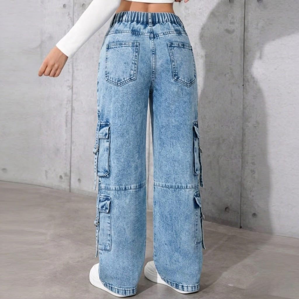 Girls Baggy Cargo Jeans, Y2K Straight Leg Denim Pants for 8-16, Elastic Waist Multi-Pocket Streetwear Trousers image 3