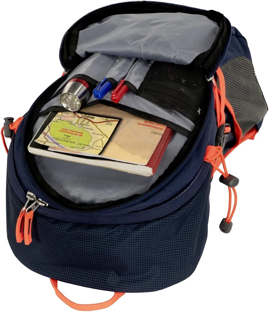 Top compartment of Volkano Tundra Daypack open with items