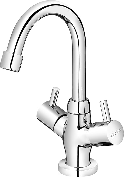 Plantex Pure Brass ICO-909 Center Hole Basin Mixer with (360 Degree) Swivel Spout Double Handle Hot & Cold Water Tap for Kitchen with Teflon Tape (Mirror - Chrome Finish)