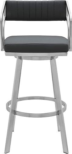 Vista 41 de Armen Living Prinz Taburete giratorio de 26 pulgadas de altura de mostrador en piel sintética negra y acabado de acero inoxidable cepillado