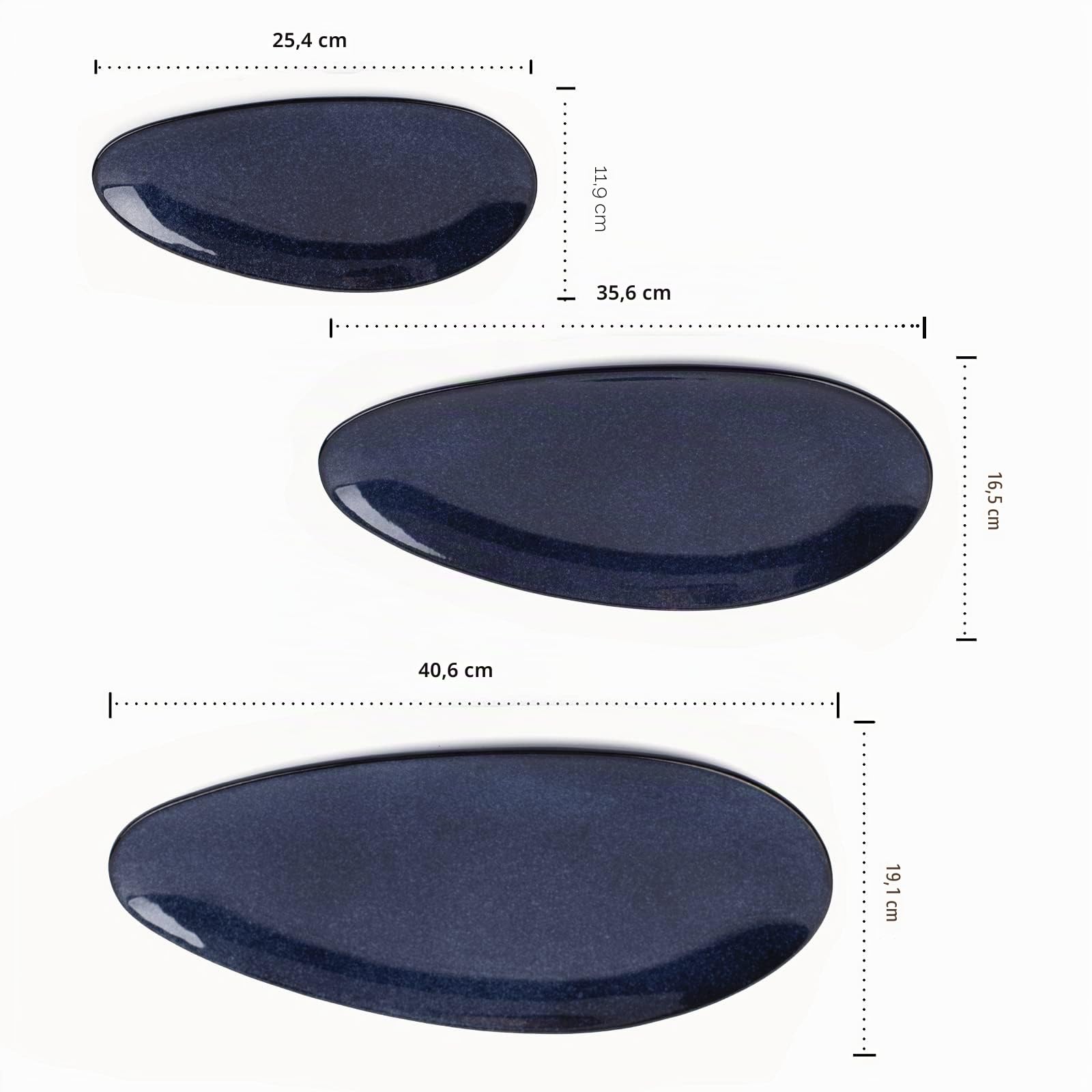 vicrays Grandi piatti da portata ovali, 40.6 cm/35.6 cm/25.4 cm in porcellana, per feste, barbecue, piatti impilabili, piatti da portata per antipasti, sushi, negozio di dessert, set di 3 pezzi (blu)