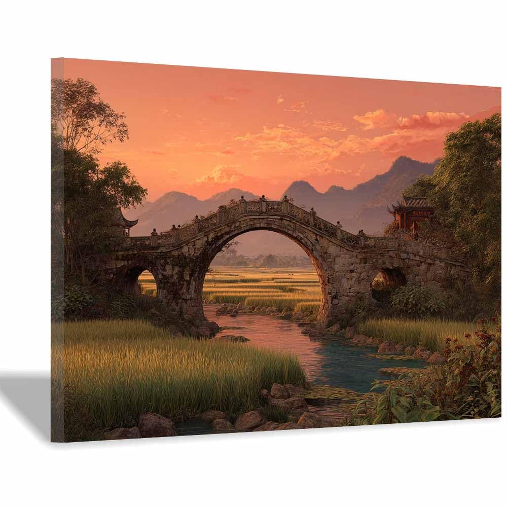 CUDAOO Bridge Country Bridge Wall Art Canvas Prints Canvas Posters Landscapes Home Decor For Living Room (Orange-60x80cm Framed