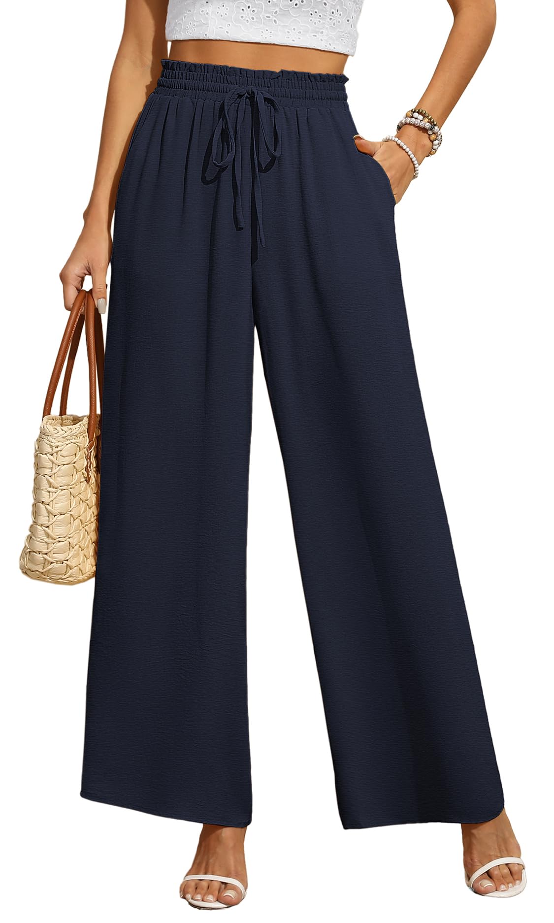 BEIGAI Women's Trousers, Wide, Loose, Straight Cut Palazzo Trousers, High Waist, Stretchy, Lounge, Elegant Trousers with Pockets
