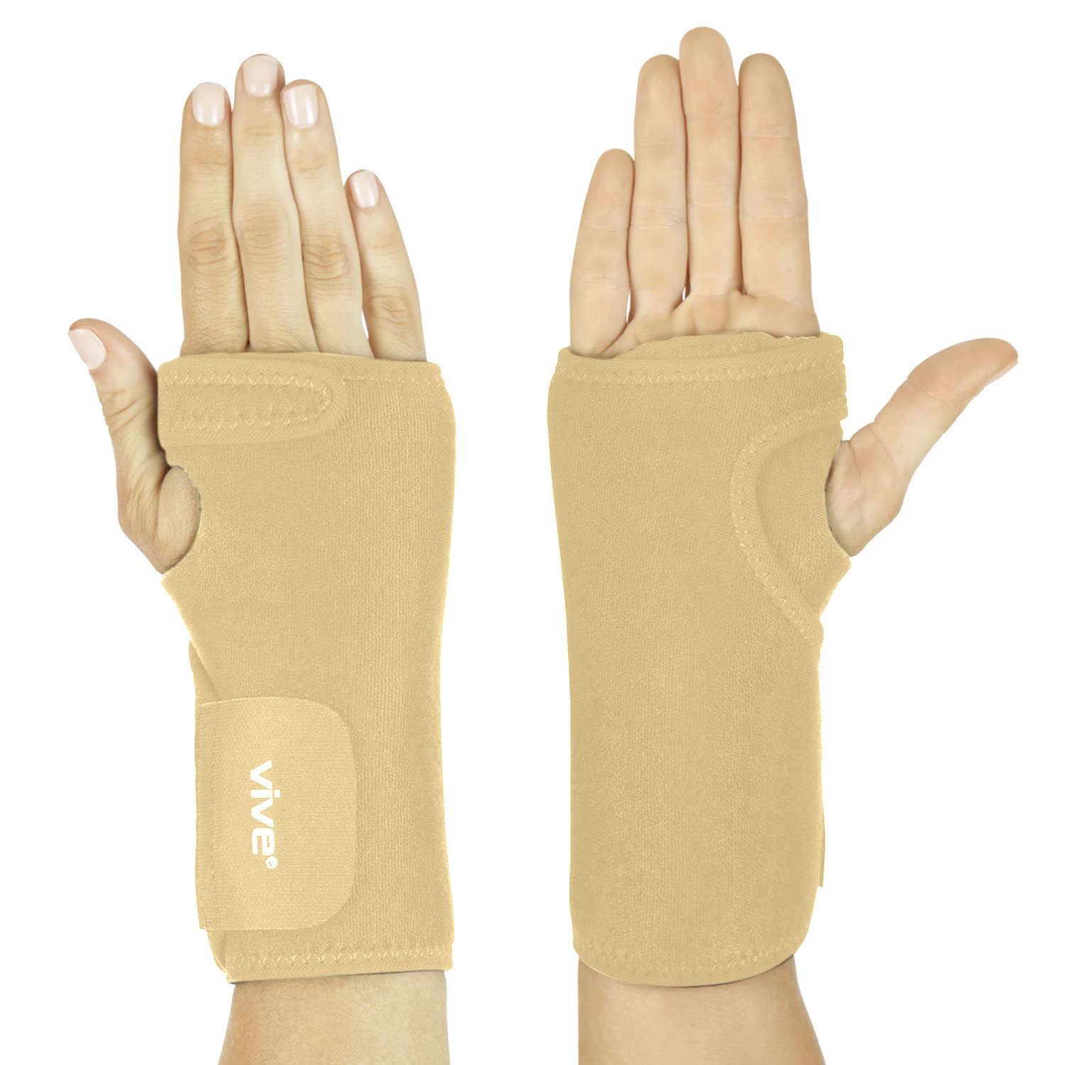 Vive Wrist Brace - Carpal Tunnel Hand Compression Support Wrap for Men, Women, Tendinitis, Bowling, Sports Injuries Pain Relief - Removable Splint - Universal Ergonomic Fit (Beige, Right)