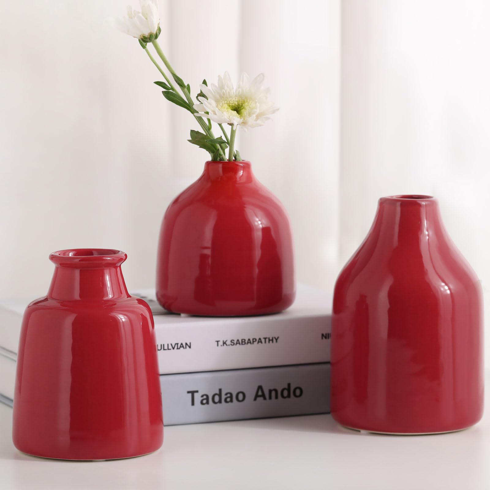 Set di 3 piccoli vasi rossi per decorazioni moderne della casa, vasi in ceramica per centrotavola, vasi da fiori per soggiorno, matrimoni, tavolo da pranzo/feste, rosso