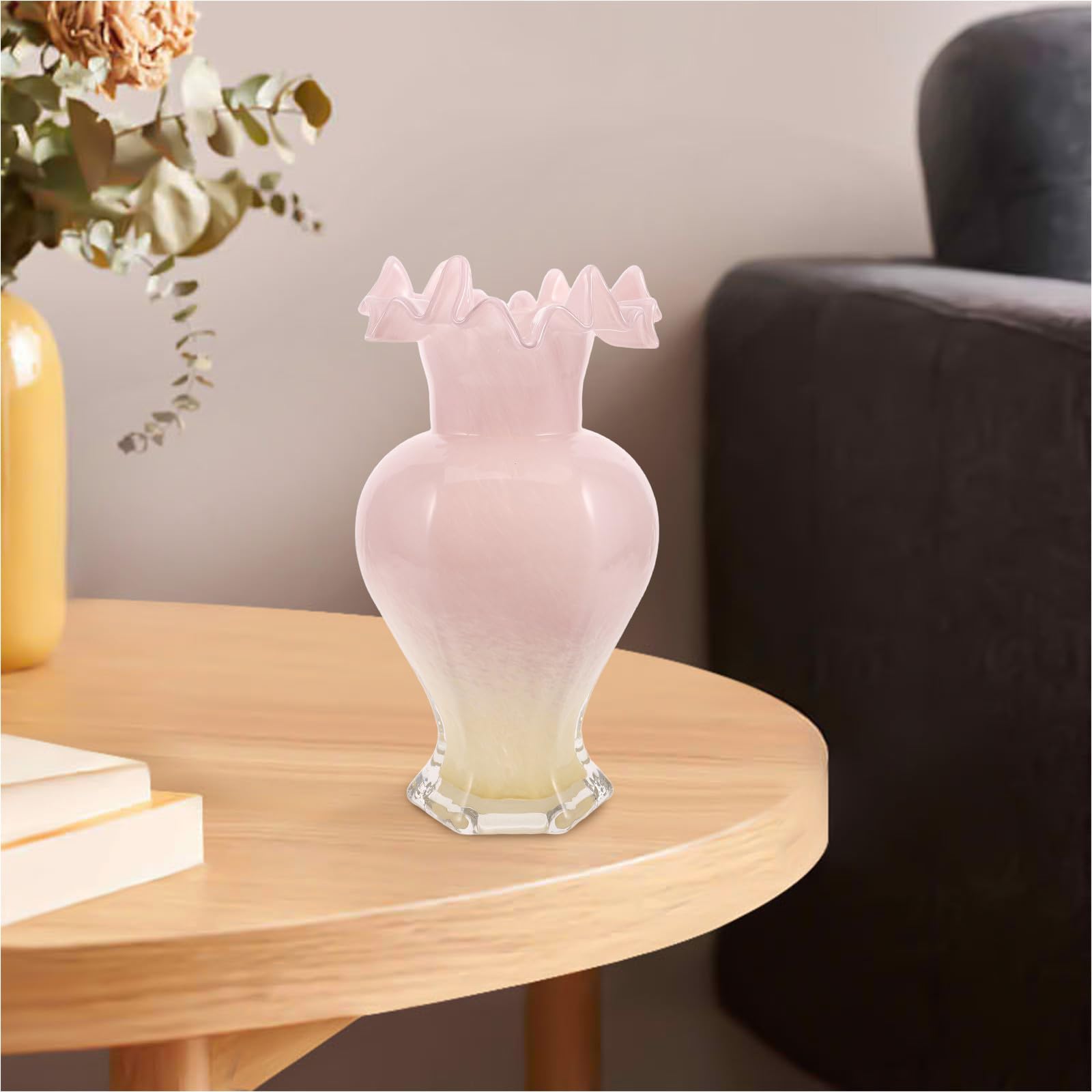 Vaso Decorativo in Vetro Rosa a Bocca Ondulata per Tavolo