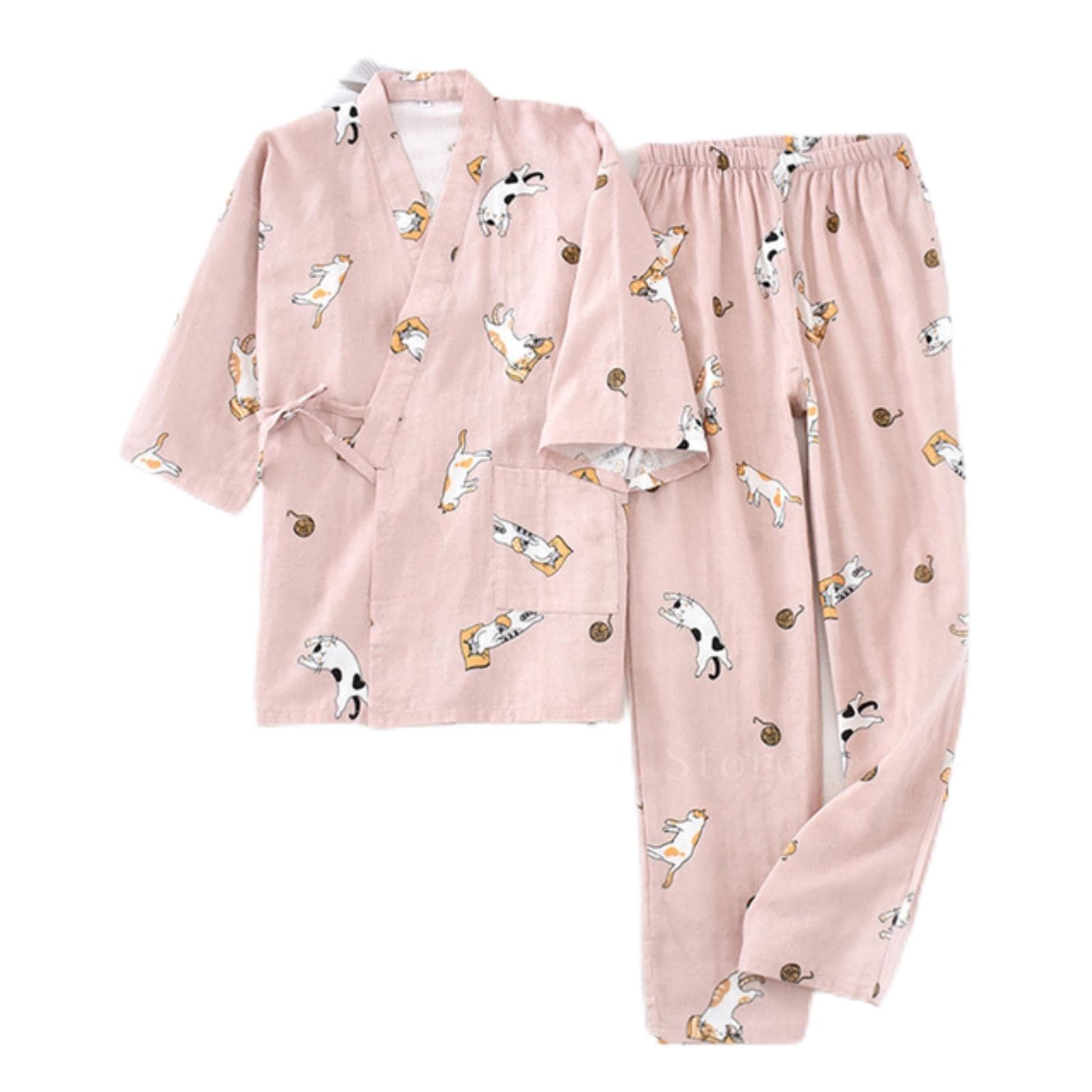 FRESQA 2PCS Japanese Lover Clothing Set Kawaii Cat Printed Kimono Yukata Steaming Wear Pajamas Man Woman Bathrobe Nightgown Japan