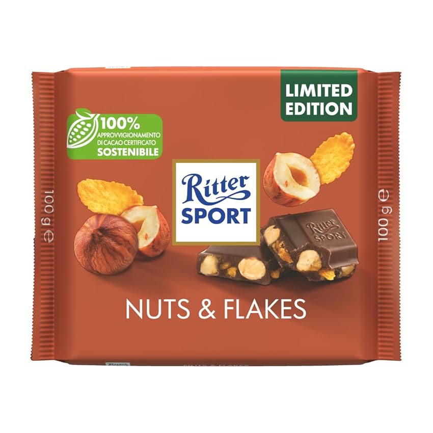 Immagine del prodotto Ritter Sport Nuts & Flakes, Tavoletta di Cioccolato al Latte con Nocciole Tostate Intere e Fiocchi di Mais, Cacao 100% Certificato Sostenibile, 100 g