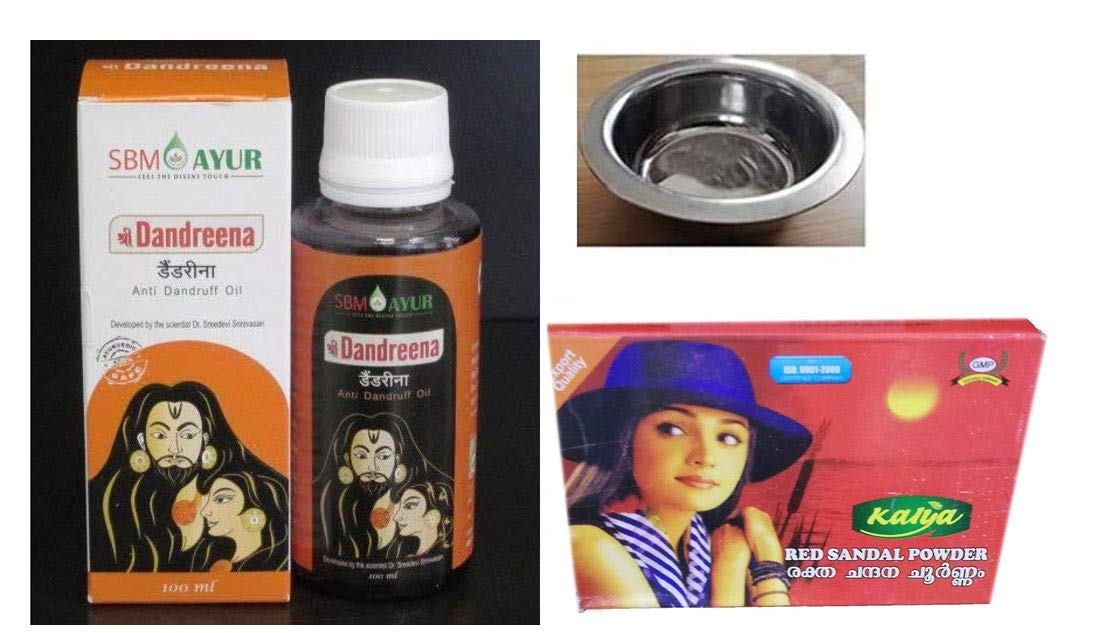 SBM Dandreena Anti Dandruff Oil 100ml, With Free Kalya Red Sandal Powder - Rakthachandanam Skin Care Powder 25 Gm and Nimita Oil Bowl