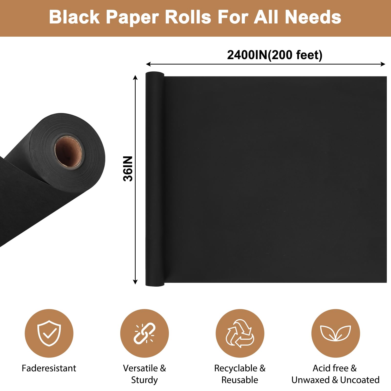 Moretoes Geschenkpapierrolle, 91,4 x 6,1 cm, Schwarz, Kraftpapierrolle für Geschenkverpackungen, Basteln, Pinnwand, Banner, Kunst, Blumenstrauß, Blumenverpackung, Umzug, Versand, 85 g/m²