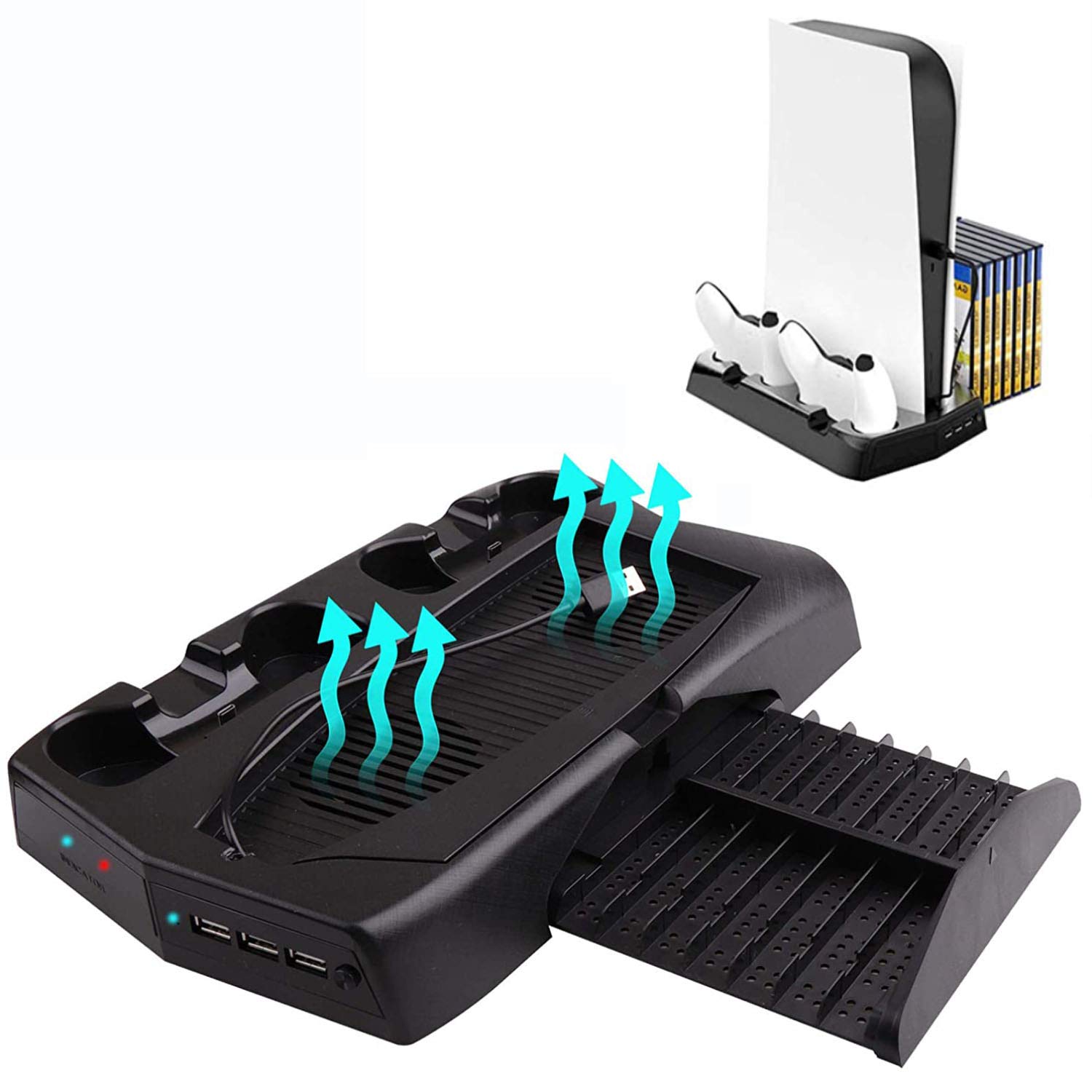 Supporto verticale ventola di raffreddamento per Playstation 5, caricatore doppio controller per PS5 Dualsense con indicatori LED e 14 slot per giochi per PS5 Digital Edition/Ultra HD