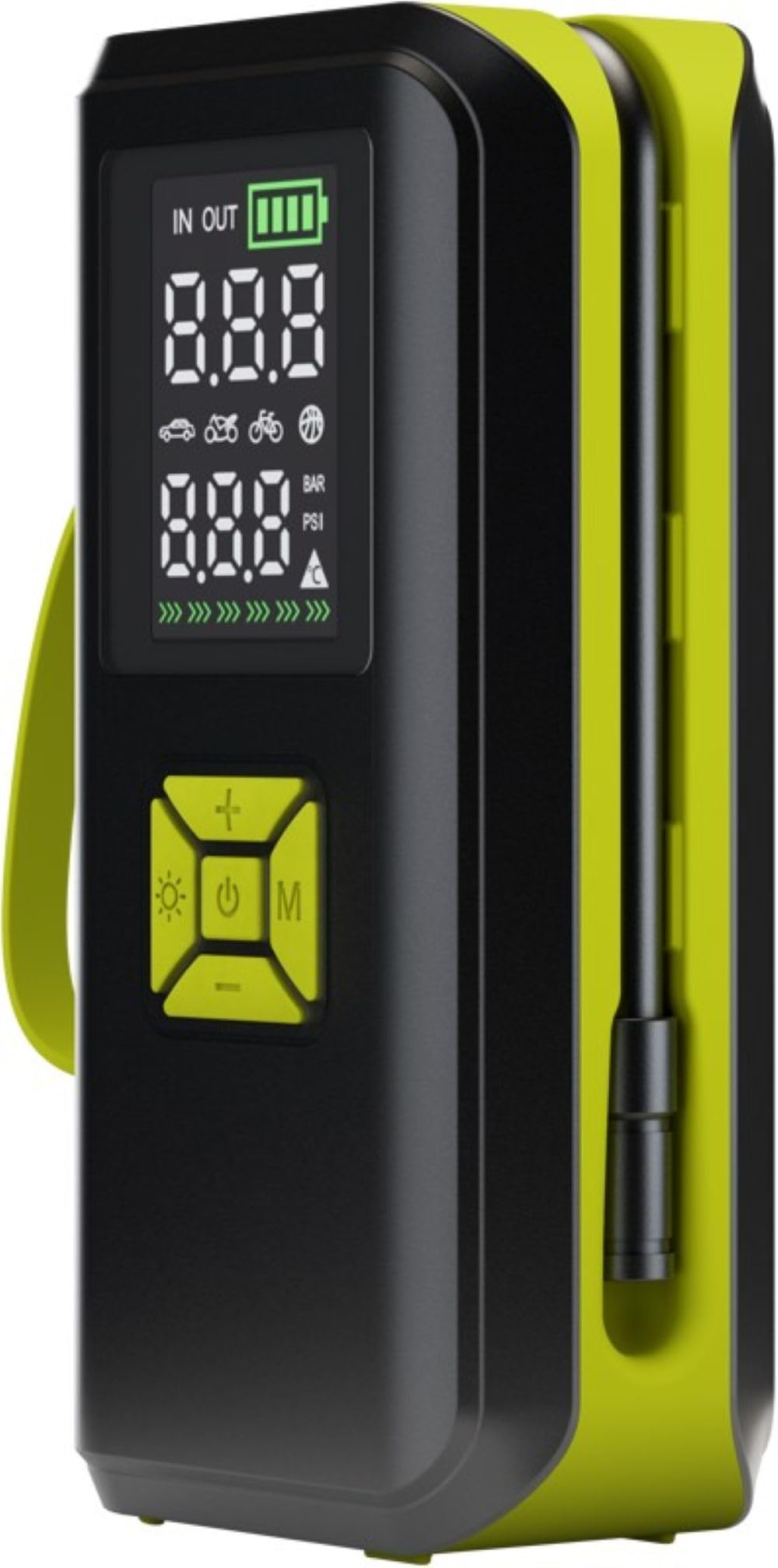 goobay -Kabellose, elektrische Luftpumpe 10 bar/150 PSI - 2Ah Akku, 5V, mit LED-Licht, 4 Ventiladapter, LED-Display, Kompressor für Auto-, Motorrad-, Fahrradreifen und Bälle, USB-C Anschluss - 77827