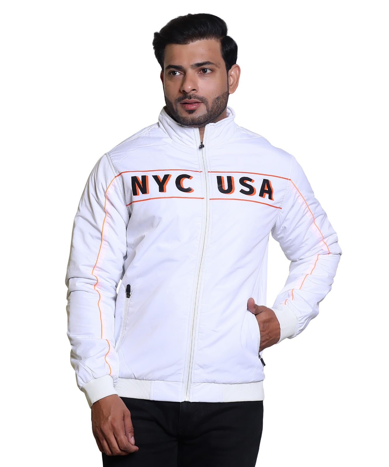 Buy Men's Winter Jacket, White, NYC USA Print, Zipper Closure (IN Buy Men's Winter Jacket, White, NYC USA Print, Zipper Closure (IN