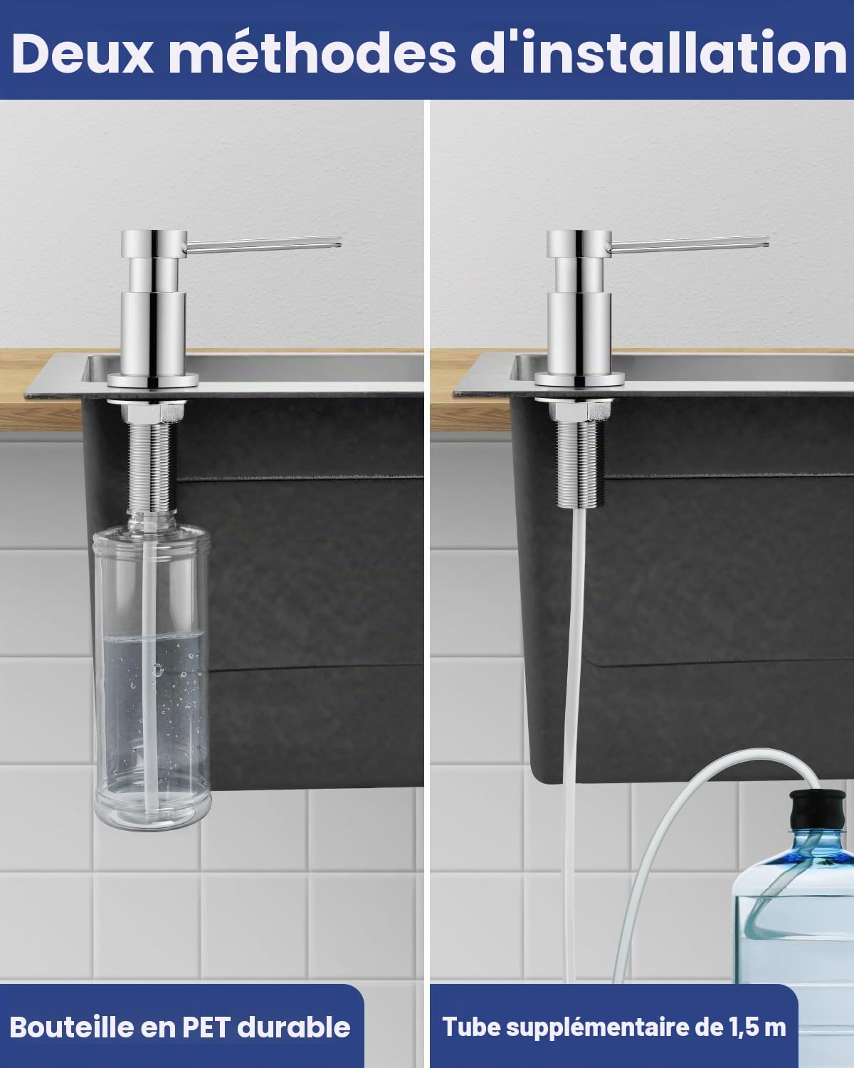 Distributeur de Savon Encastrable pour Cuisine, Distributeur Liquide Vaisselle Durable avec Écrous en Acier INOX 304(sans Plastique), Bouteille de 300ml et Tuyau de Rallonge de 1,25m, Chrome