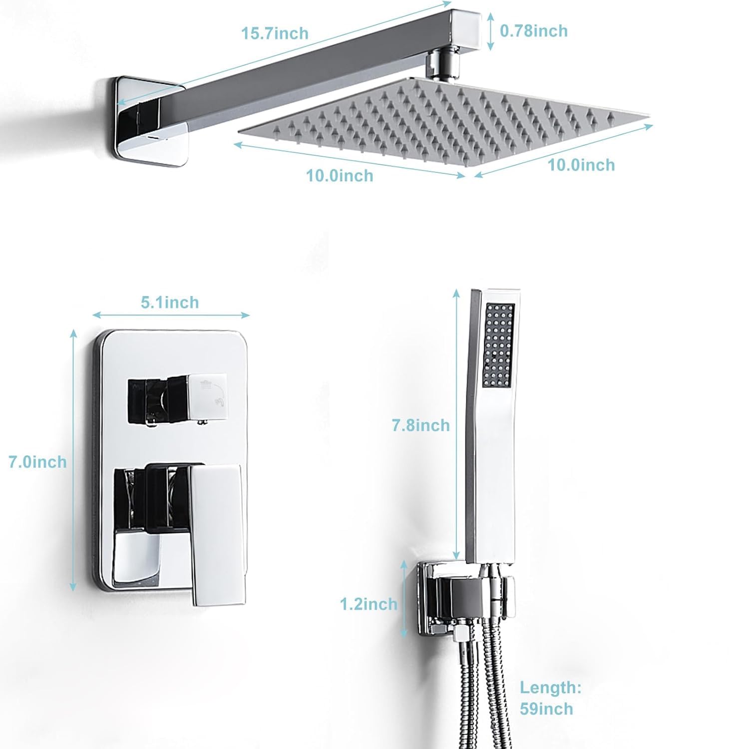 Chromowany system prysznicowy, 25 cm, deszczownica z ręcznym natryskiem, luksusowy zestaw prysznicowy z deszczownicą, kwadratowy uchwyt ścienny do łazienki z prysznicem deszczowym i ręcznym