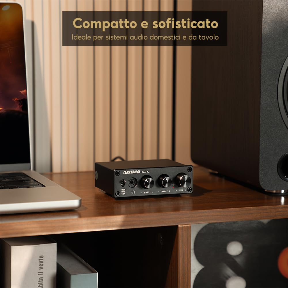 AIYIMA DAC-A2 DC5V Mini Decodificatore audio DAC alimentato USB Amplificatori per cuffie desktop Coassiale/Ottico a RCA Uscita per cuffie Convertitore digitale-analogico a 24 bit 192 KHz