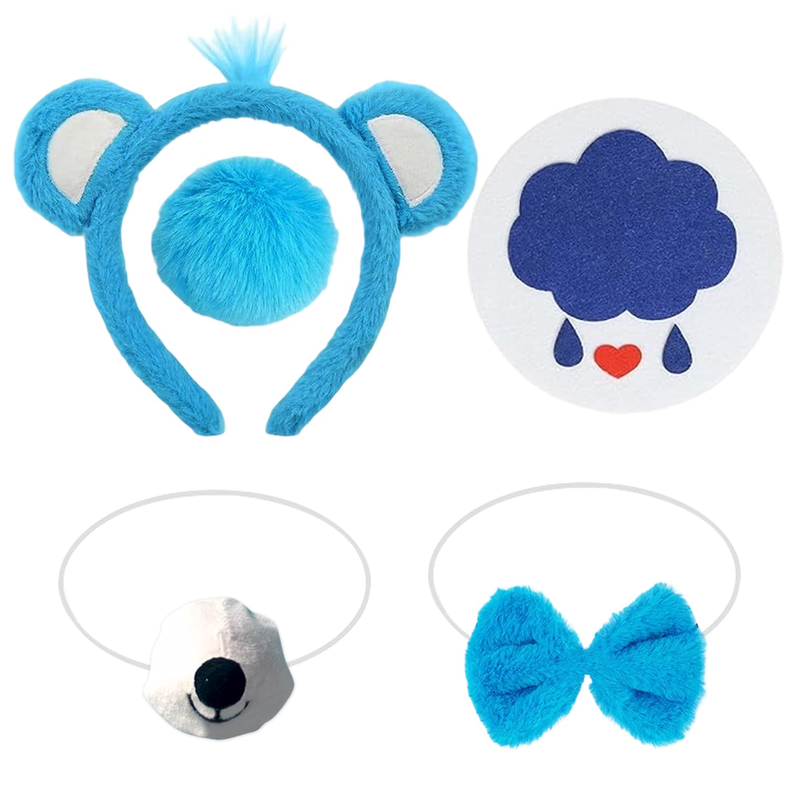 ZXTGBQ 5 Pcs Blue Bear Costume Accessories Furry Bear Ears Headband Nose Bow Tie Tail and Sticker Set Cute Animal Costume Accessory Kids Adult for Halloween Carnival Easter Cosplay World Book Day - Image 3