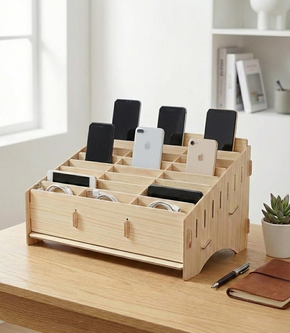 Wooden Desktop Organizer & Smartphone Holder |Multi-Device Storage
