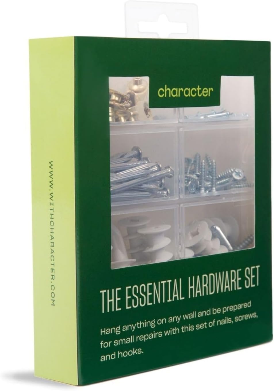 Character The Essential Hardware Set, Assorted Nails, Screws, Drywall Anchors, and Picture Hanging Hooks with Storage Box, 115 Pieces