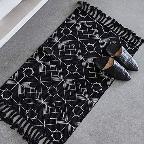 Boho Black Rug, Geometric Woven Bathroom Rug 1.6'x2.6 with Tassels, Small Bohemian Bath Mat