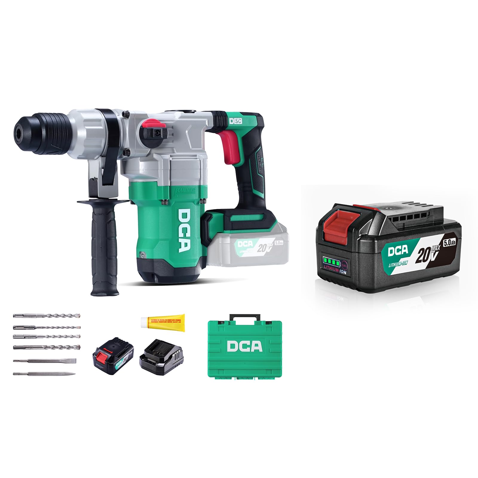 DCA Martello Perforatore a batteria 20V, 4,5 J e 3800 BPM, 4 pezzi da 28 mm SDS-Plus, trapano a Percussione ad alte prestazioni con controllo delle vibrazioni, 2*batteria da 5,0 Ah, caricatore 4A