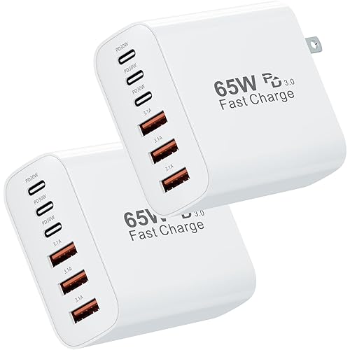 USB C Fast Wall Charger Block, 2-Pack 65W 6-Port USBC Wall Charger iPhone Charger Fast Charging PD Power Adapter+QC Wall Plug Multiport Type C Brick Chargers for iPhone 17 16 15 14 13Pro Max,Samsung