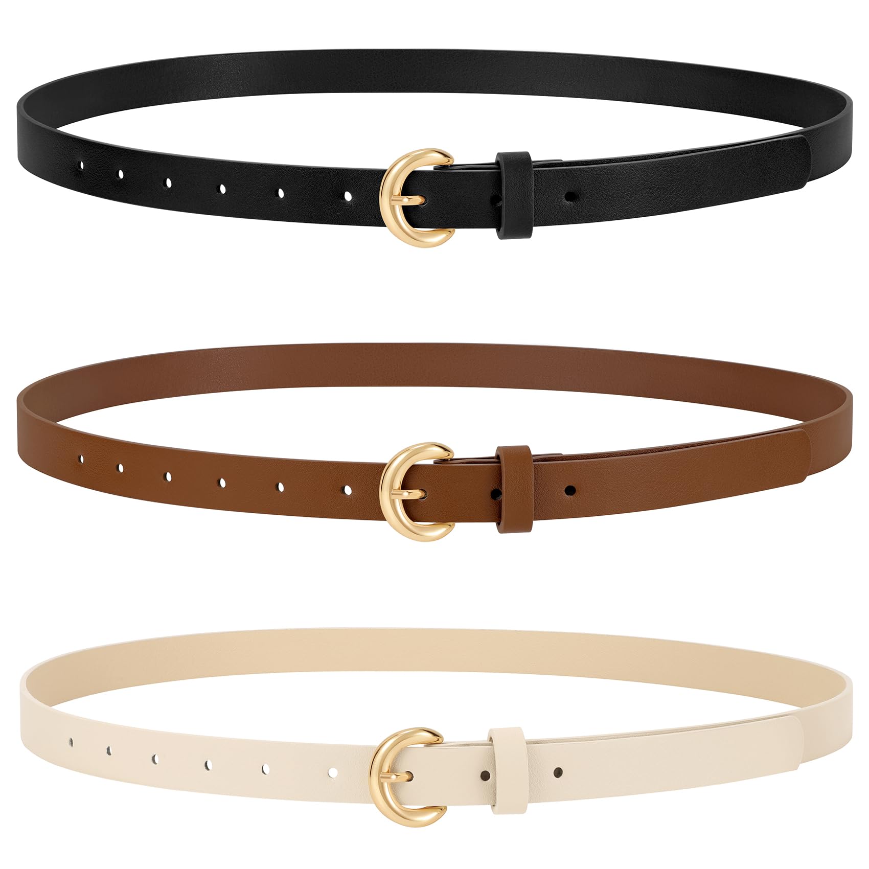 WERFORU 3 Pack Women Skinny Belt Thin Waist Belt for Women Leather Belt with Gold Buckle for Jeans