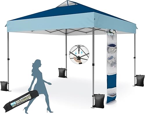 Miniatura 19 de MFSTUDIO Carpa Desplegable de 10x10 pies, Refugio Gazebo Sombra Solar Toldos Impermeables Patio Portátil Carpas con Malla Desplegables para Playa,