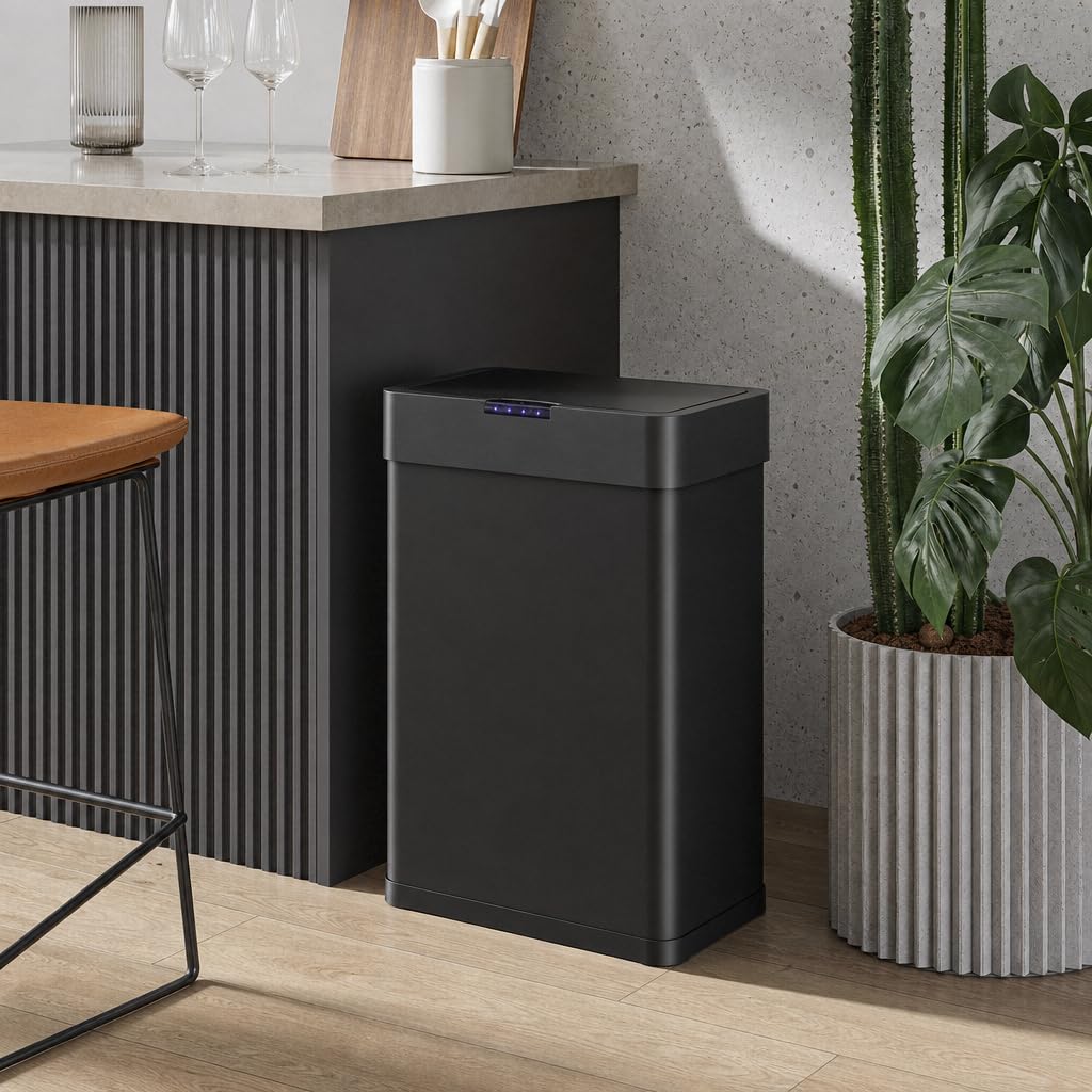 LIFERUN Mülleimer mit Sensor 50l, Mülleimer Küche 50 Liter,schwarz | automatischer Abfalleimer, Öffnen per Handbewegung oder Berühren, Softclose-Deckel, aus Edelstahl