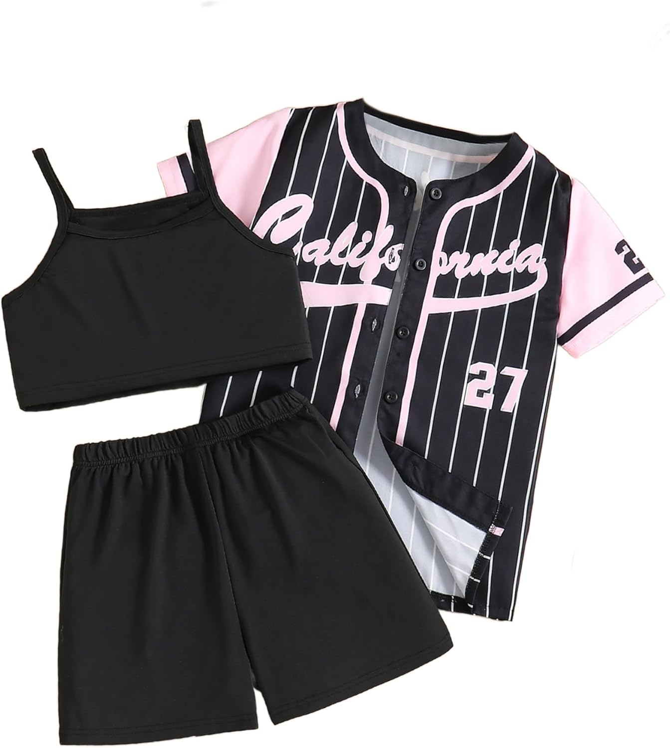 Hilinker Girls Graphic 3 Piece Outfits Short Sleeve Striped Cardigan and Crop Cami with Shorts Set