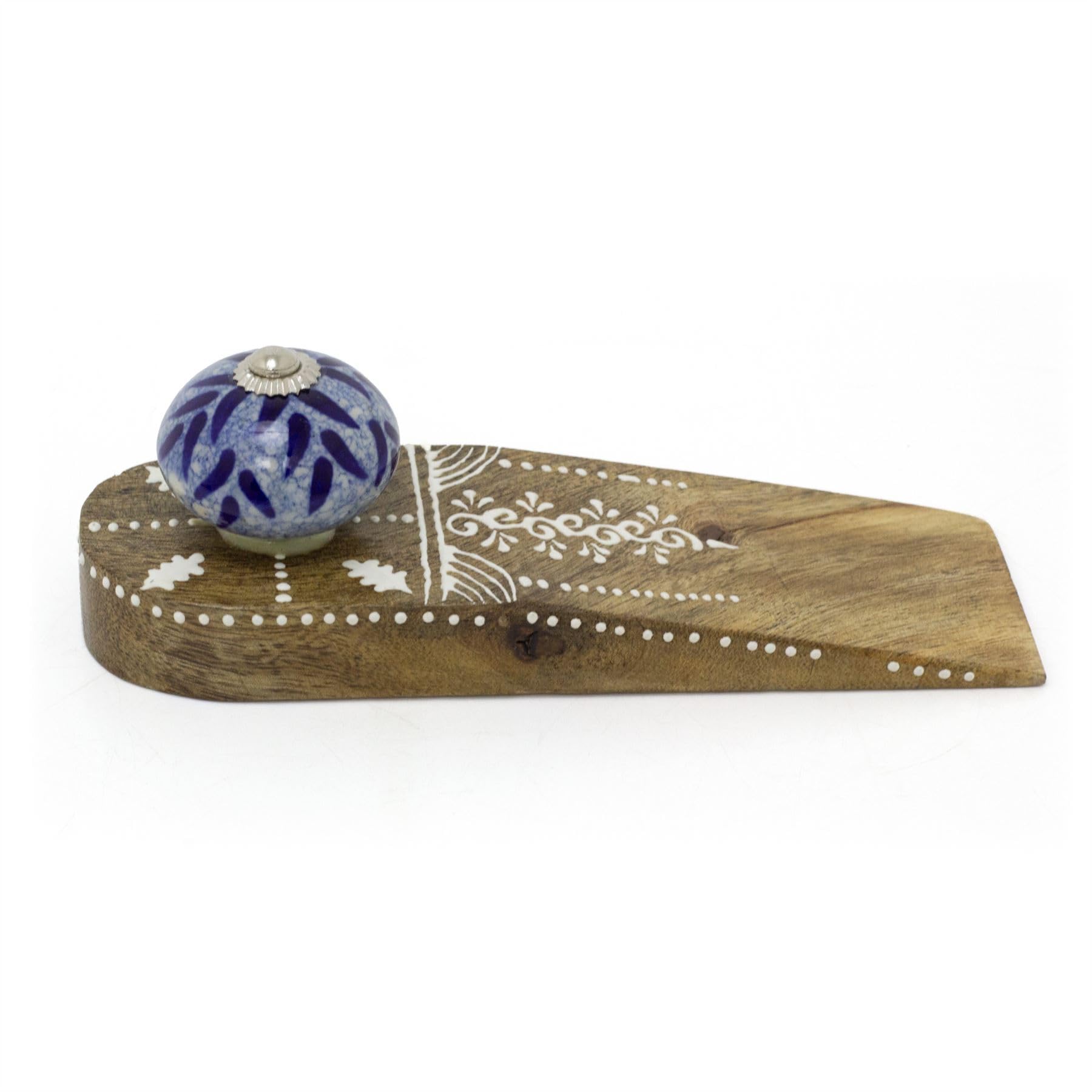 Carousel Home Natural Traditional Wooden Door Stop Wedge | Mango Wood Decorative Door Stopper Wedge | Wood & Blue Ceramic Floor Doorstop - Design Varies