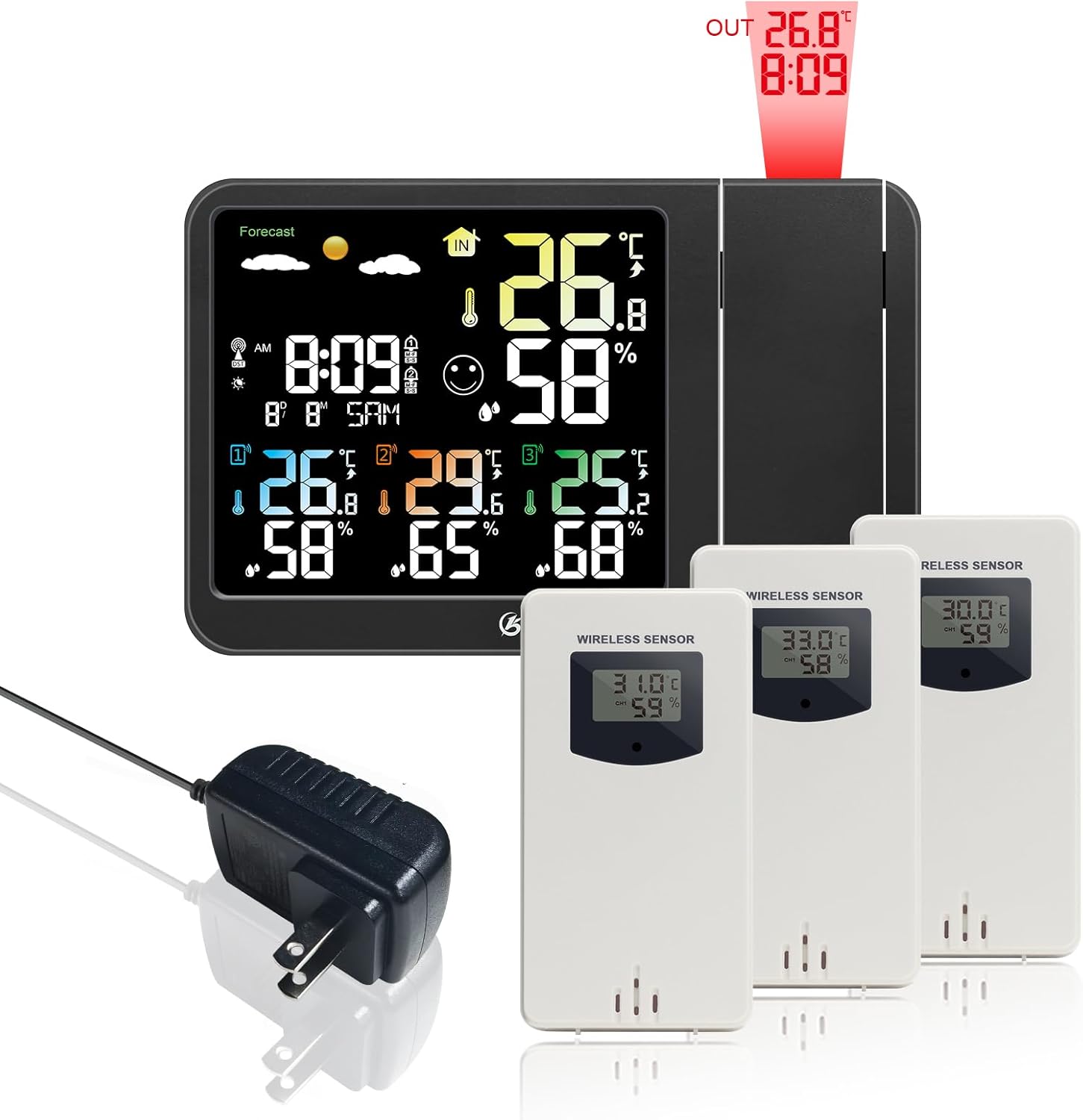 KETOTEK Digital Projection Alarm Clock for Bedroom Ceiling Wall VA LCD Display Radio Controlled Weather Station Indoor Outdoor Temperature Humidity Monitor with 3 Remote Sensors