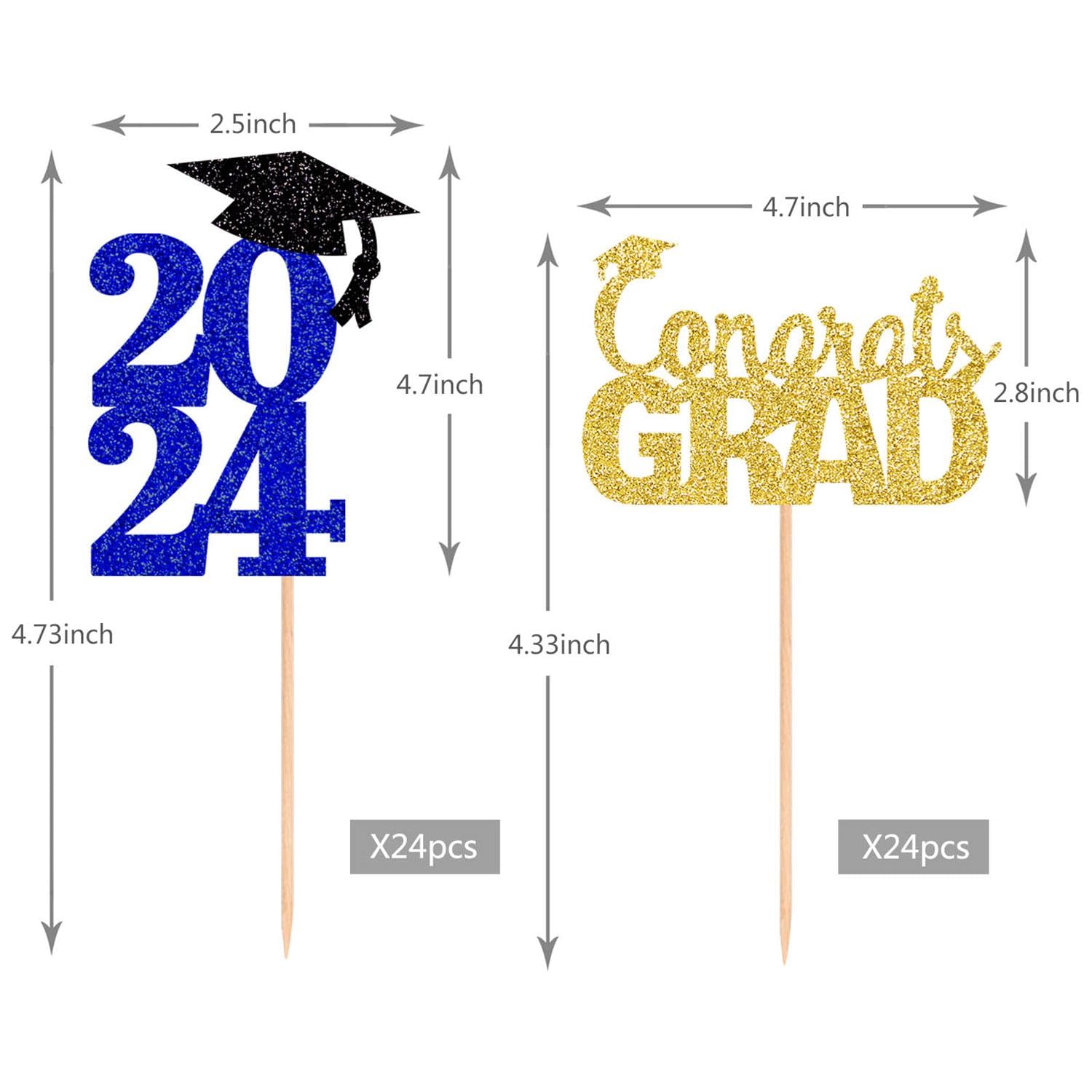 ALISSAR 48-Pack Glitter Blue 2024 Graduation Cupcake Toppers, Cupcake Toppers Cake Toppers for 2024 Graduation Party Decorations