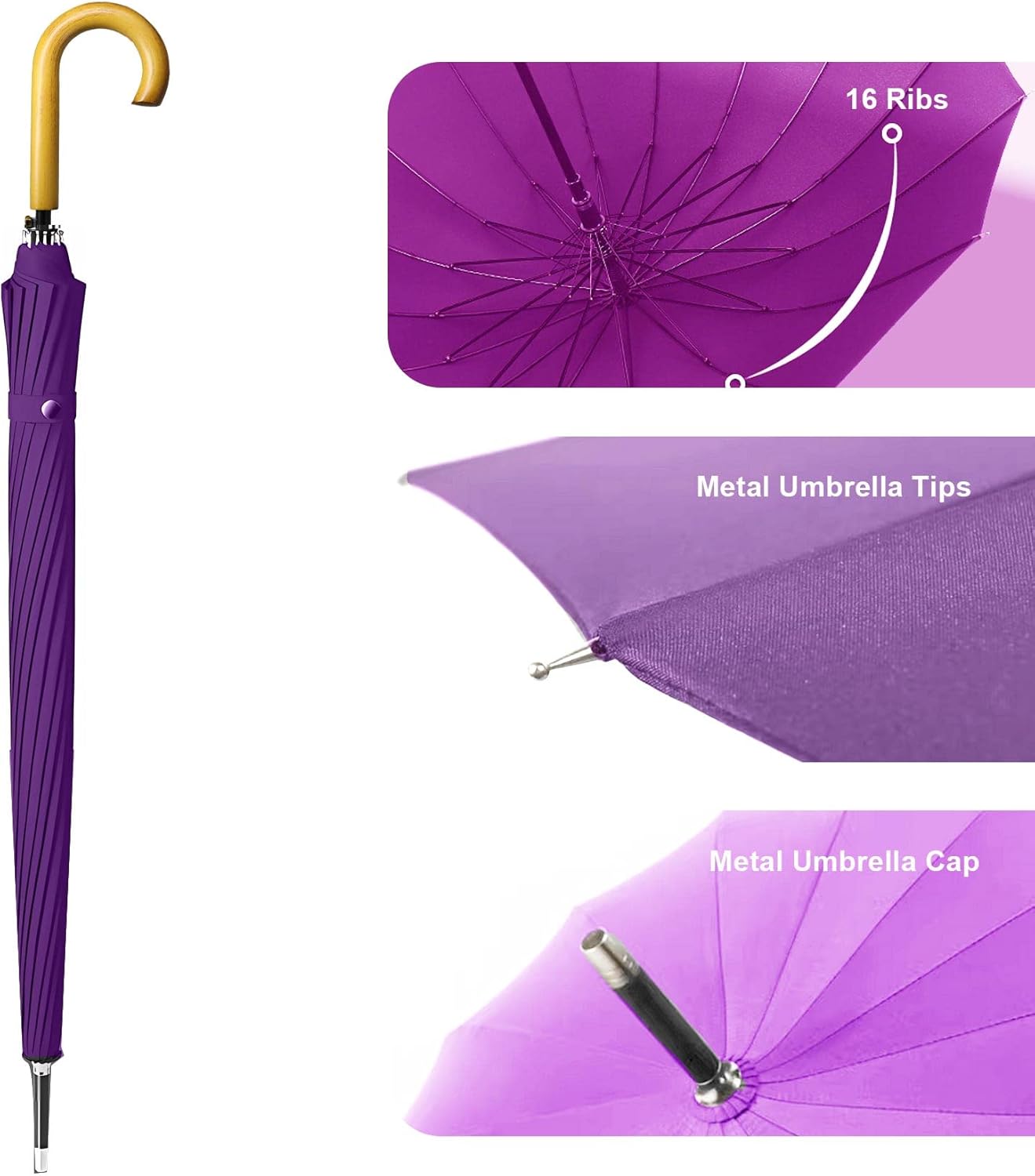 MRTLLOA 52 Inch Windproof Large Umbrellas for Rain, 16 Ribs, J Wooden Handle, 210T High-density Fabric Golf Stick Umbrella - Image 5