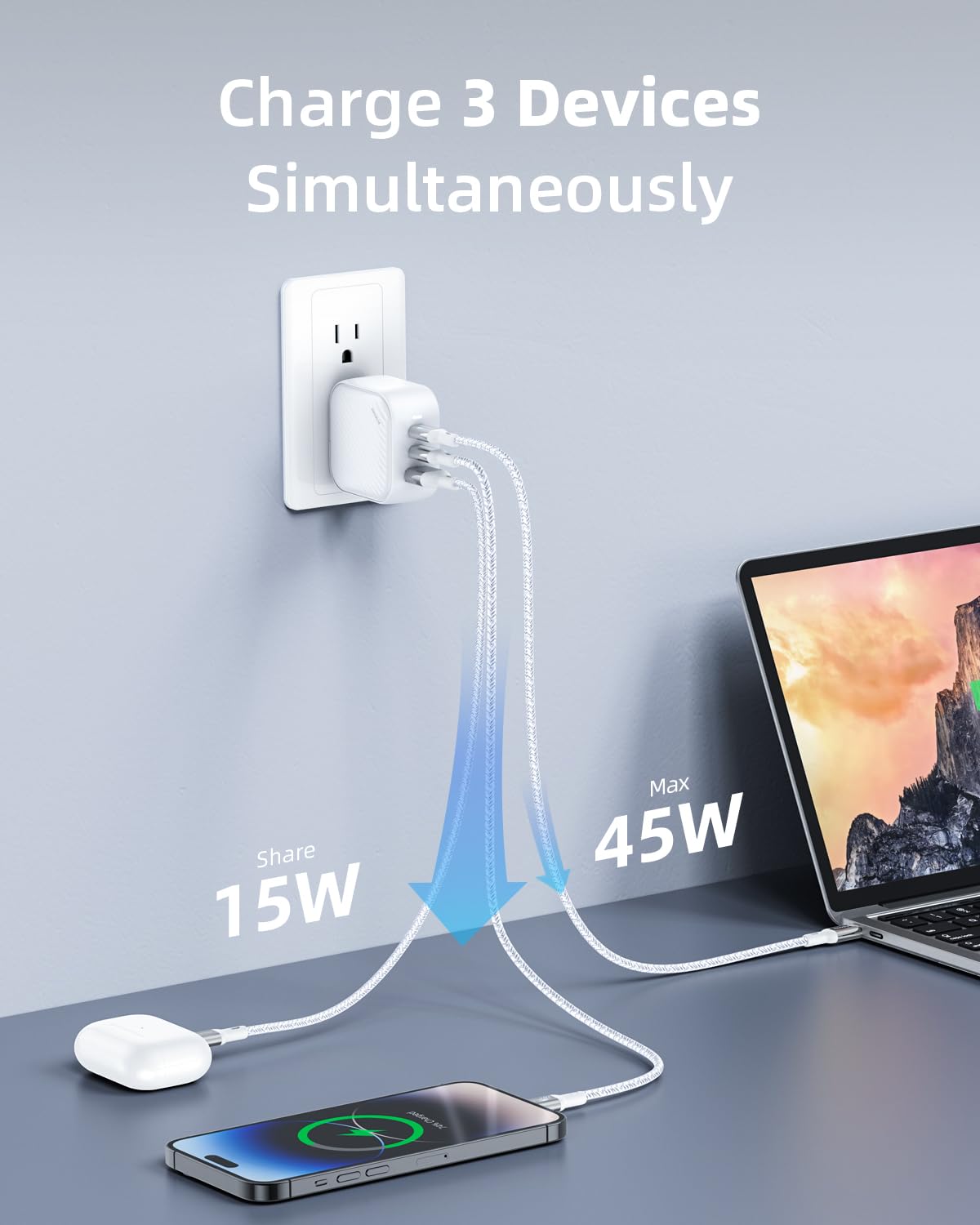 Cargador Innostyle Mini Cube GAN 65W, 3 Puertos USB-A y USB-C, Carga Rápida, Viaje, Enchufe Switch-and-go, Compacto y Eficiente, Compatible con iPhone, Galaxy, iPad.