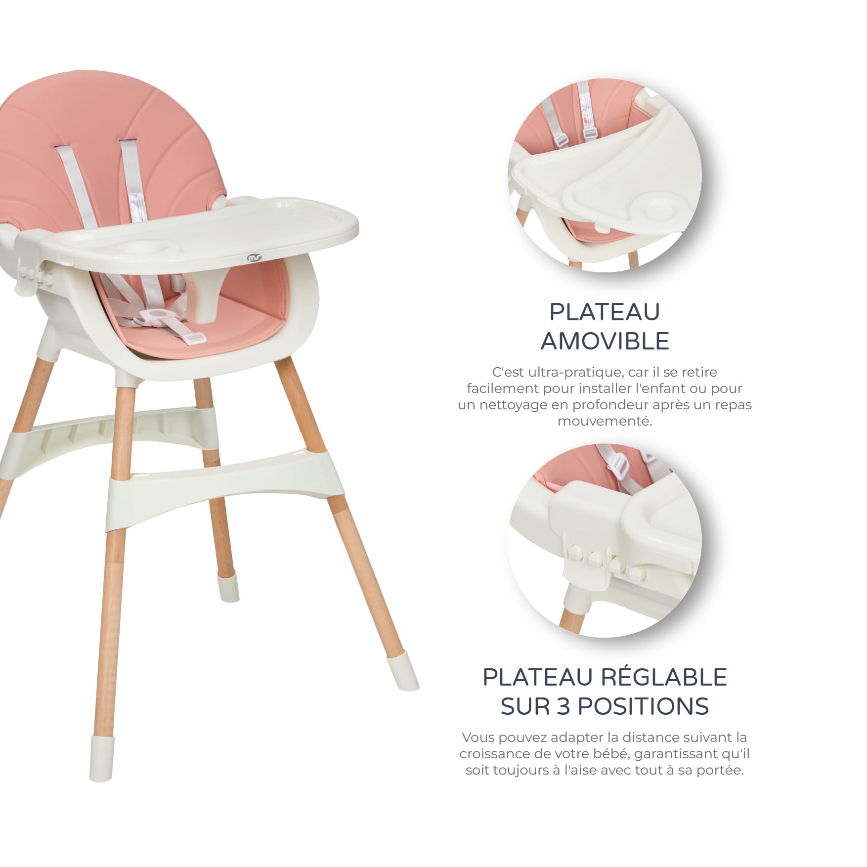 MS BabyWorld – MIKA – Chaise Haute pour Bébé 3 en 1 | Convertible en Rehausseur et Chaise | Siège Rembourré | Pliable et Évolutive