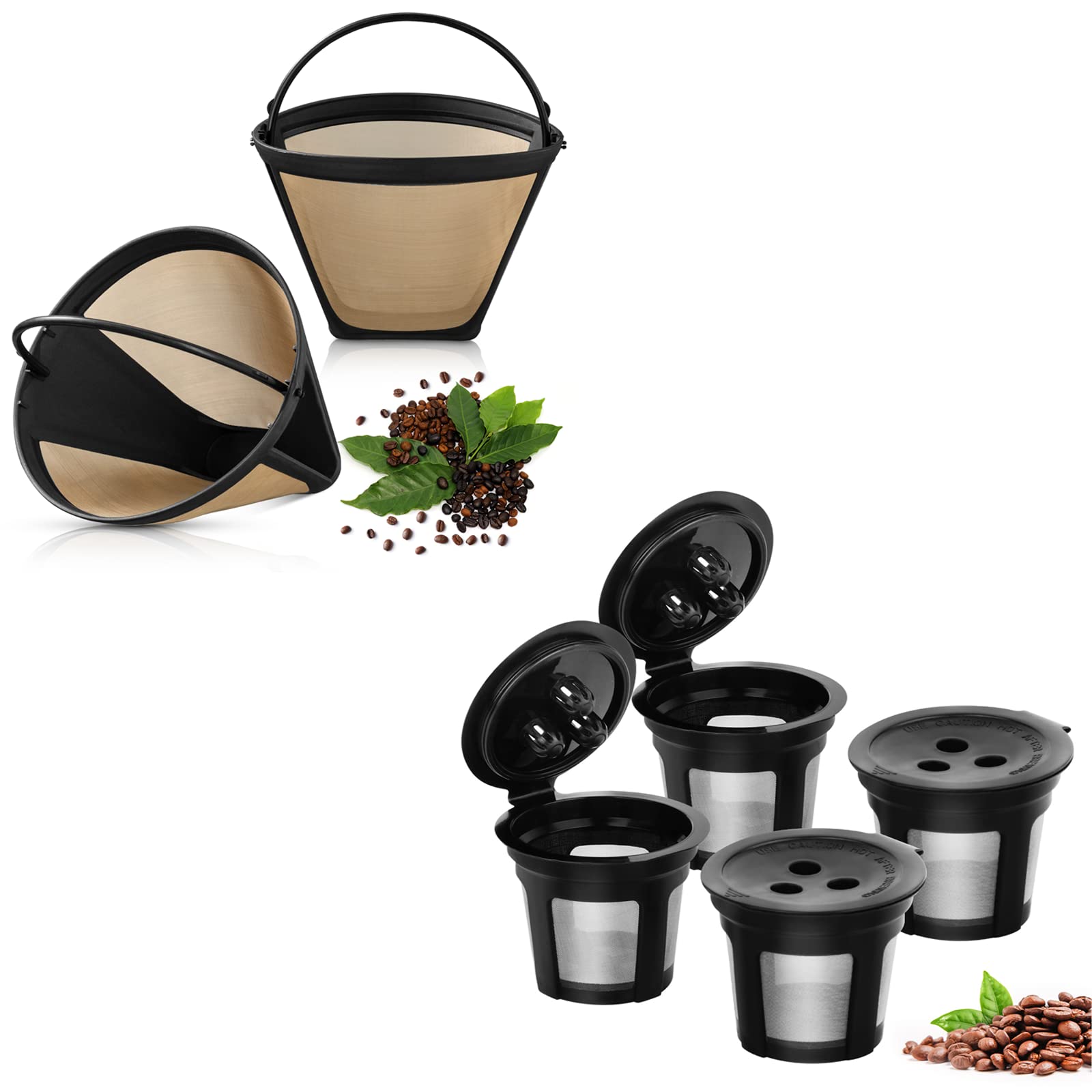 2 Pack 6-12 Cup Cone Coffee Filters for Cuisinart Coffee Maker Filter and Brewers + 4 Pack Refillable K Cup Pods for Ninja CFP201 CFP301 CFP400 Dual Brew Pro