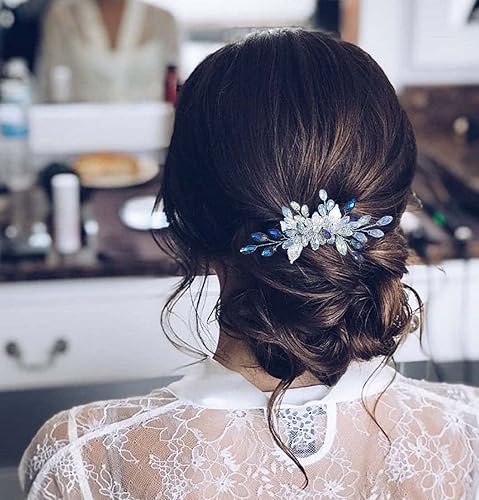 Miniatura 5 de YBSHIN Accesorios para el cabello de boda para novias peine de cabello azul plateado diadema de cuentas azul cristal para mujeres