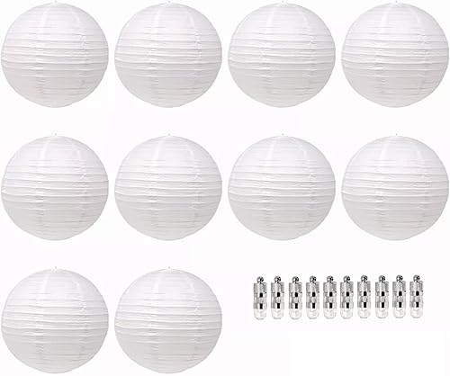 Juego de 10 linternas de papel blanco chinas, linternas redondas de papel con 10 luces LED, faroles de papel colgantes decorativos para bodas,