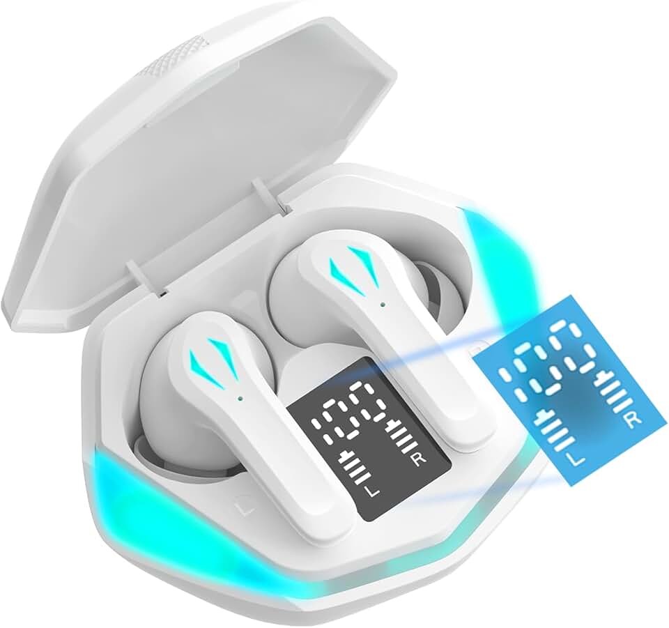 H'MASTON Fone de Ouvido Bluetooth Fone Sem Fio Gamer Esportivo com Microfone Cancelamento de Ruido Ativo Tela LED RS-29 (BRANCO)