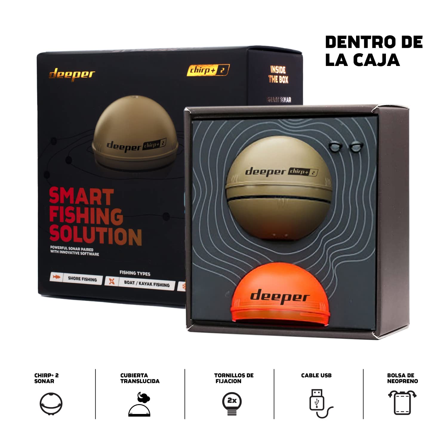 Deeper Chirp+2 Sonda de Pesca Portátil con GPS, Inalámbrica LED, Compatible con Barcos y Orilla