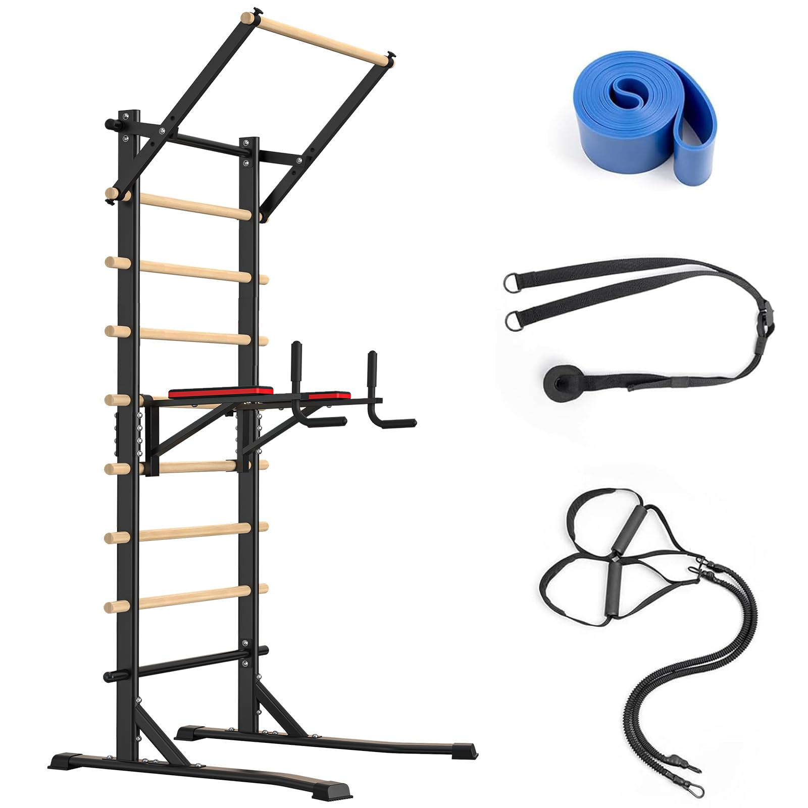 Power Tower Dip Station mit Klimmzugstange, Freistehende Sprossenwand, 150kg Tragkraft, ohne Wandmontage, Kraftstation für Zuhause und Krafttraining, 228cm