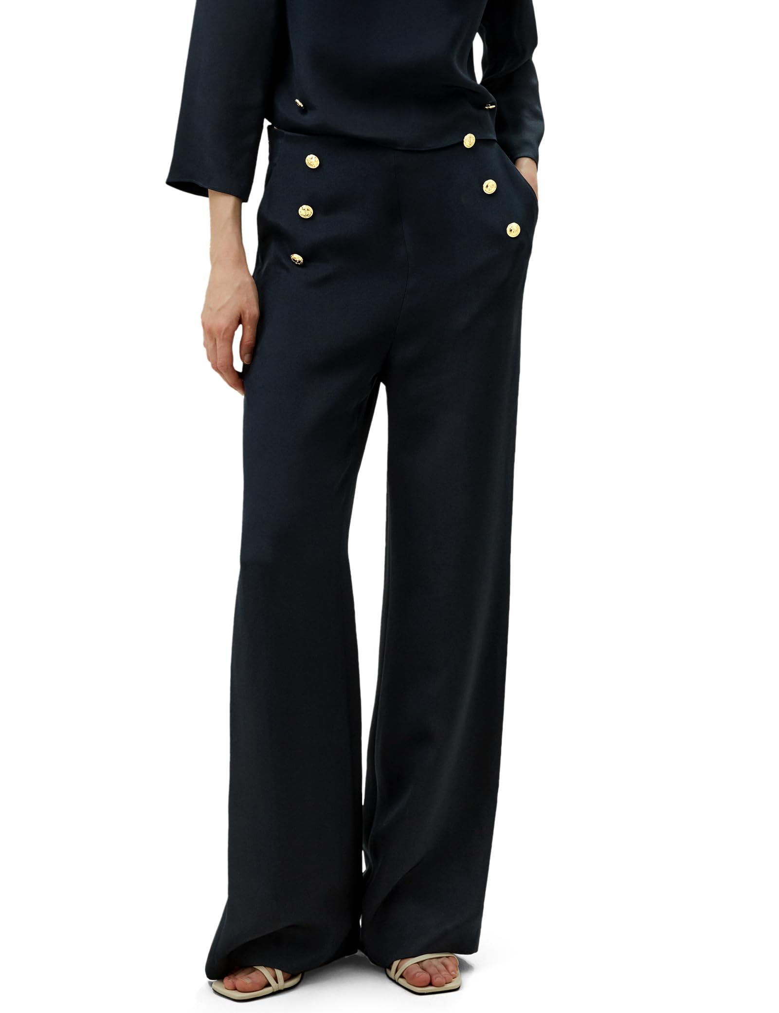 LilySilk 30 Momme 100 Silk Button Front Wide Leg Trousers Concealed Side Zip Fastening High Waist Pants for