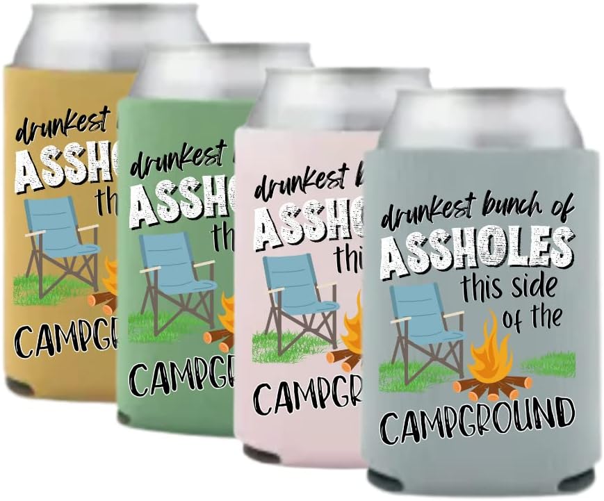 Drunkest Bunch of Assholes this side of the Campground Can Coolies Cozies - Party Favor Gift for camping, tenting, drinking, campsite, glamping, bonfire, funny drink holder