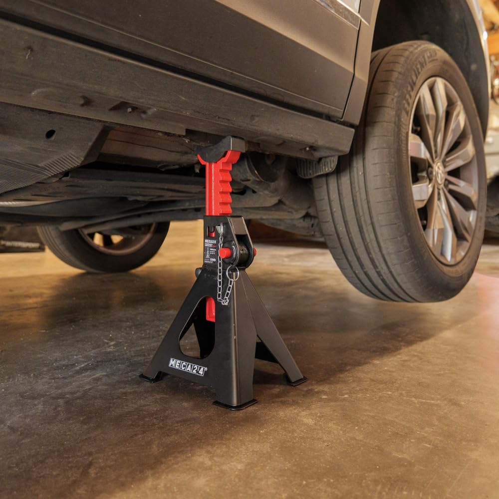MECA24 Jeu de 2 chandelles Hautes 3 tonnes - Chandelles Voiture Utilitaire - Système à crémaillère - Ht 319 à 482mm Max - Poignée Acier