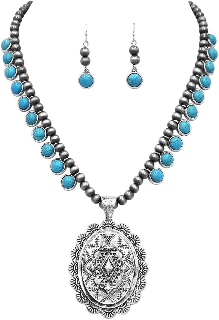 Rosemarie & Jubalee Women’s Cowgirl Chic Western Style Statement Turquoise Howlite Stone Concho Pendant Necklace Earrings Set, 18"+3" Extender