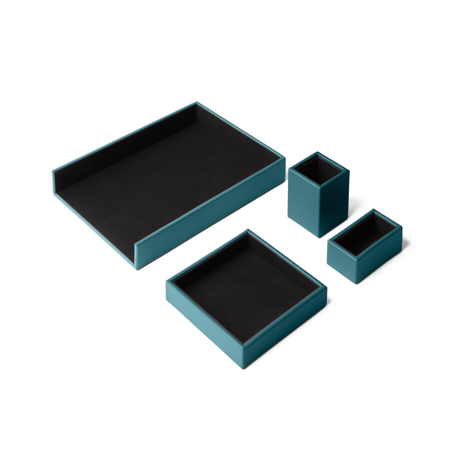 Eglooh - Atena - Set Scrivania in Vera Pelle Blu Petrolio - Set Accessori Ufficio Formato da 4 Pezzi: Svuotatasche, Portapenne, Porta Documenti, Porta Biglietti da Visita - Made in Italy